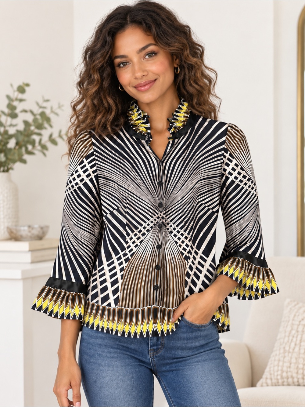 Etcetera 100% Silk Geometric Print Blouse Size 0 Ruffle Collar Statement Top